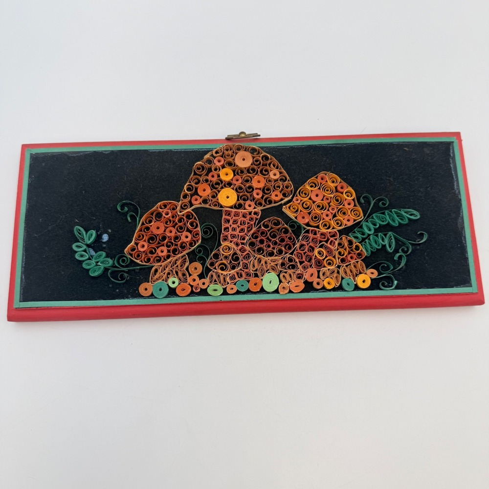 Vintage Handmade Paper Quilling Mushroom Wall Art Retro 70s Woodland 11x4.5